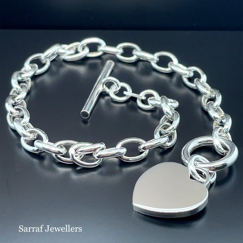 Silver T-Bar Heart Charm Bracelet Ladies Plain Desing Free Engraving | Shop Online Sarraf Jewellers UK - Sarraf Jewellers