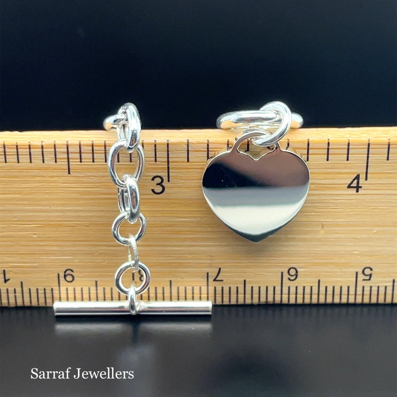 Silver T-Bar Heart Charm Bracelet Ladies Plain Desing Free Engraving | Shop Online Sarraf Jewellers UK - Sarraf Jewellers