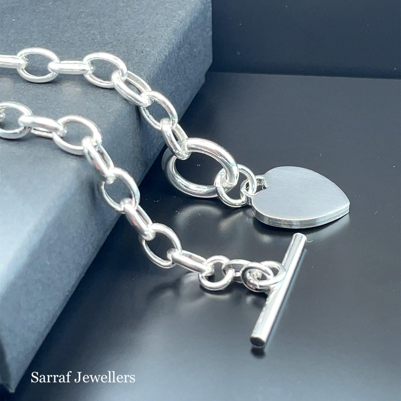 Silver T-Bar Heart Charm Bracelet Ladies Plain Desing Free Engraving | Shop Online Sarraf Jewellers UK - Sarraf Jewellers