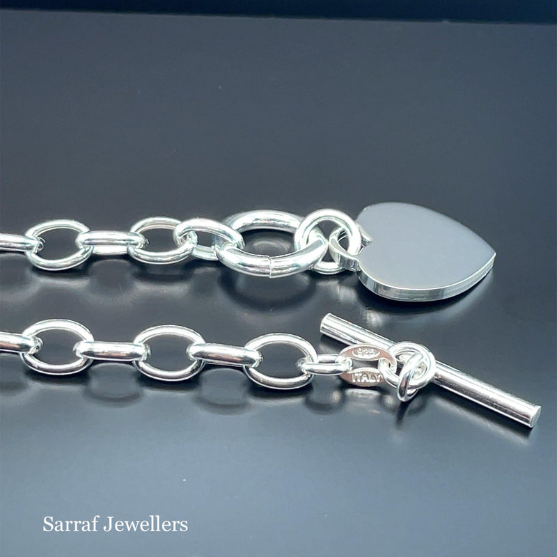 Silver T-Bar Heart Charm Bracelet Ladies Plain Desing Free Engraving | Shop Online Sarraf Jewellers UK - Sarraf Jewellers