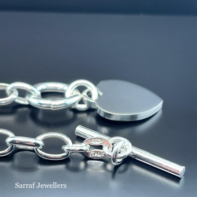 Silver T-Bar Heart Charm Bracelet Ladies Plain Desing Free Engraving | Shop Online Sarraf Jewellers UK - Sarraf Jewellers