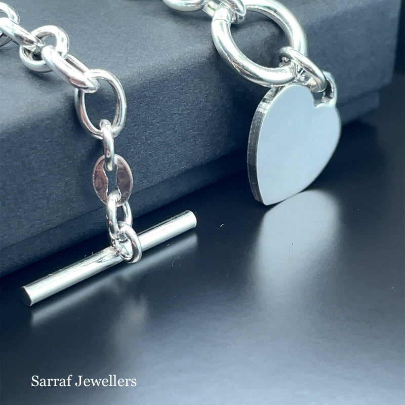 Silver T-Bar Heart Charm Bracelet Ladies Plain Desing Free Engraving | Shop Online Sarraf Jewellers UK - Sarraf Jewellers