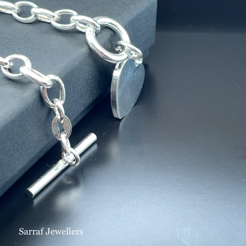 Silver T-Bar Heart Charm Bracelet Ladies Plain Desing Free Engraving | Shop Online Sarraf Jewellers UK - Sarraf Jewellers