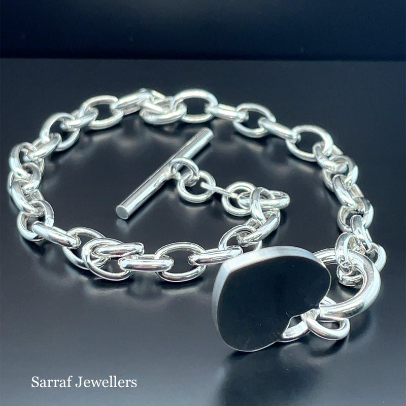 Silver T-Bar Heart Charm Bracelet Ladies Plain Desing Free Engraving | Shop Online Sarraf Jewellers UK - Sarraf Jewellers