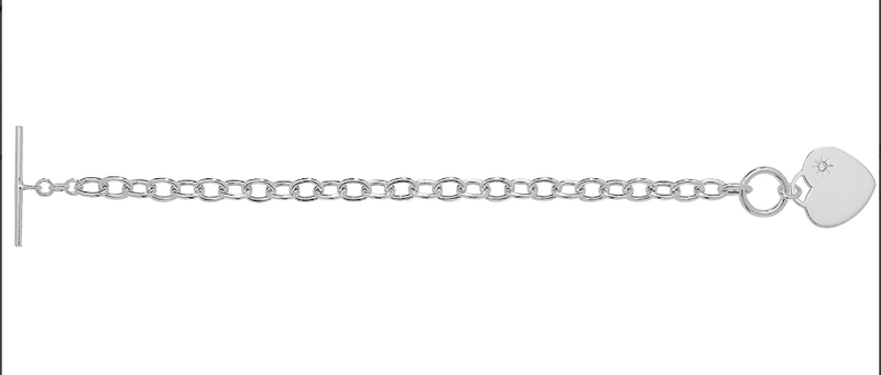 Silver T-Bar Heart Charm Rolo Link Bracelet Ladies CZ Simulated Diamond Desing | Shop Online Sarraf Jewellers UK - Sarraf Jewellers