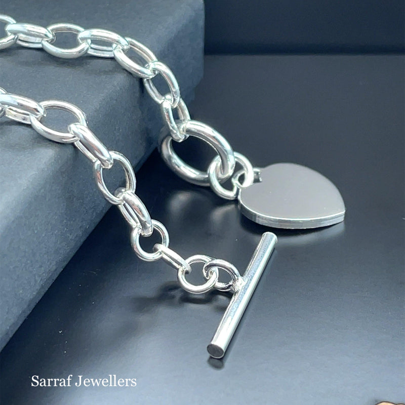 Silver T-Bar Heart Charm Rolo Link Bracelet Ladies Plain Desing Free Engraving | Shop Online Sarraf Jewellers UK - Sarraf Jewellers