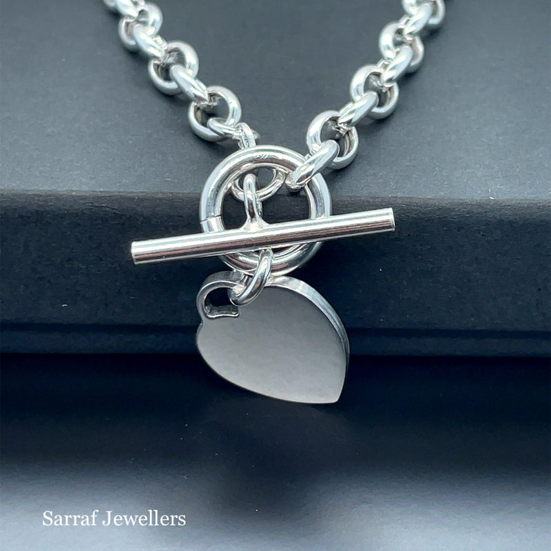 Silver T-Bar Heart Charm Rolo Link Bracelet Ladies Plain Desing Free Engraving | Shop Online Sarraf Jewellers UK - Sarraf Jewellers