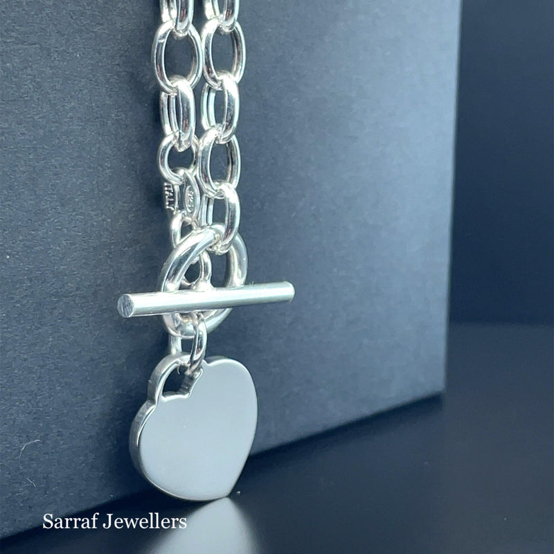 Silver T-Bar Heart Charm Rolo Link Bracelet Ladies Plain Desing Free Engraving | Shop Online Sarraf Jewellers UK - Sarraf Jewellers