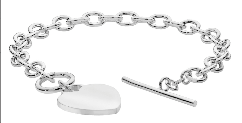 Silver T-Bar Heart Charm Rolo Link Bracelet Ladies Plain Desing Free Engraving | Shop Online Sarraf Jewellers UK - Sarraf Jewellers