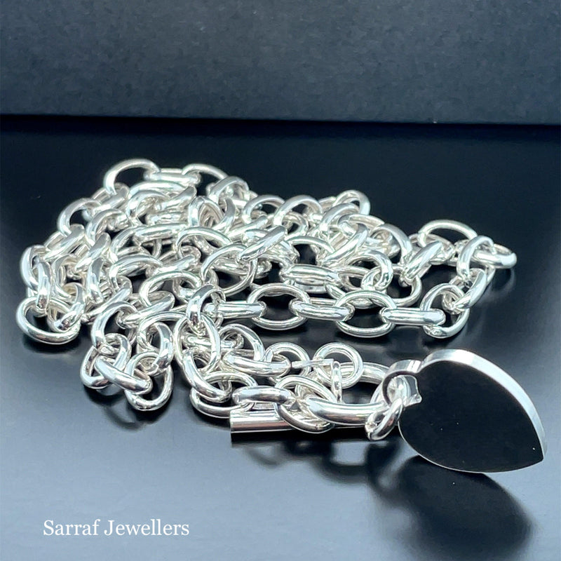 Silver T-Bar Heart Charm Rolo Link Bracelet Ladies Plain Desing Free Engraving | Shop Online Sarraf Jewellers UK - Sarraf Jewellers