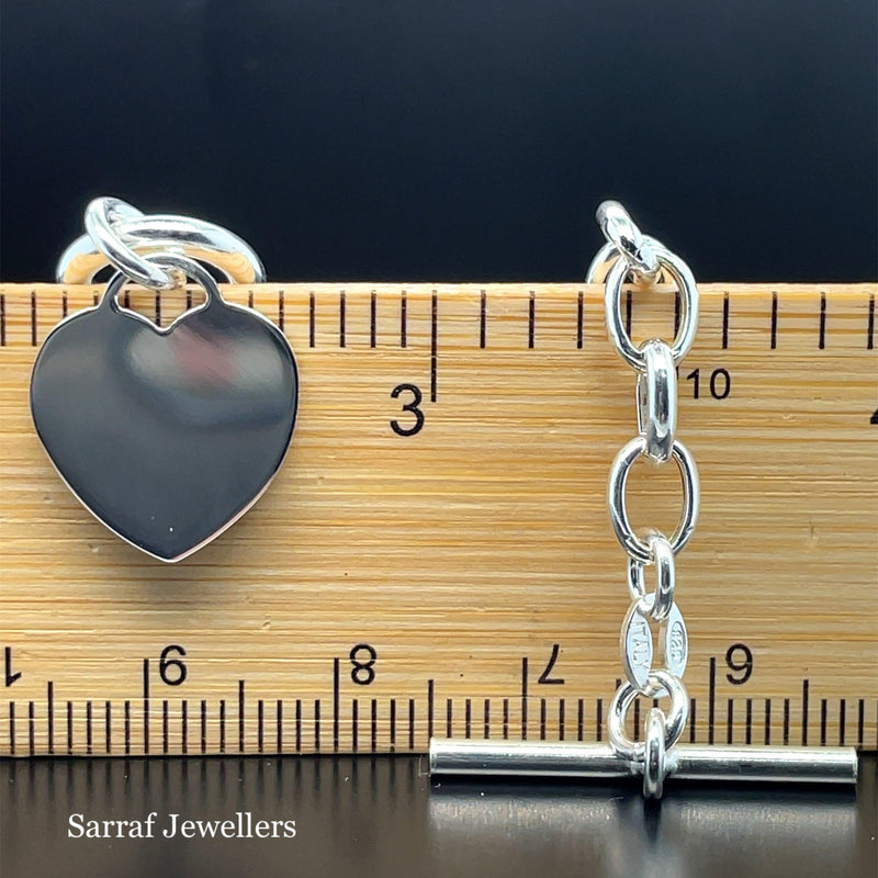 Silver T-Bar Heart Charm Rolo Link Bracelet Ladies Plain Desing Free Engraving | Shop Online Sarraf Jewellers UK - Sarraf Jewellers