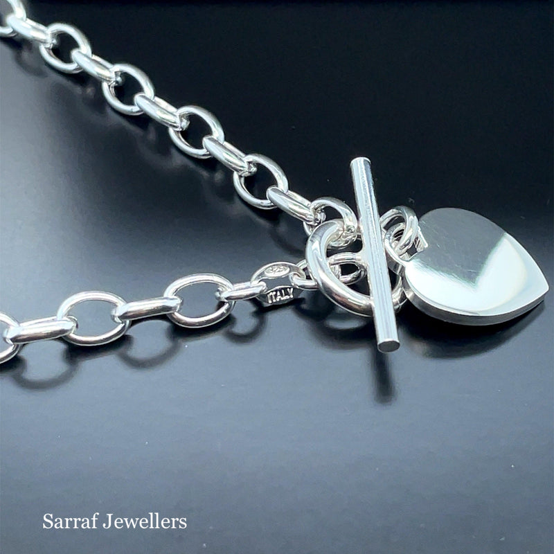 Silver T-Bar Heart Charm Rolo Link Bracelet Ladies Plain Desing Free Engraving | Shop Online Sarraf Jewellers UK - Sarraf Jewellers