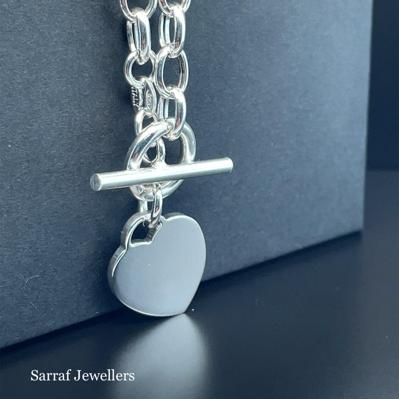 Silver T-Bar Heart Charm Rolo Link Bracelet Ladies Plain Desing Free Engraving | Shop Online Sarraf Jewellers UK - Sarraf Jewellers