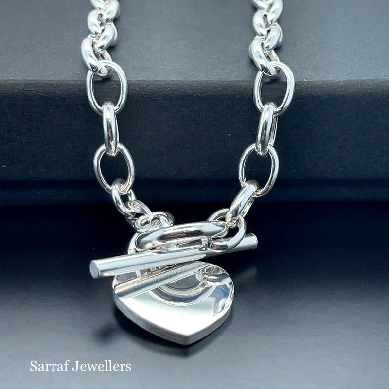 Silver T-Bar Heart Charm Rolo Link Bracelet Ladies Plain Desing Free Engraving | Shop Online Sarraf Jewellers UK - Sarraf Jewellers