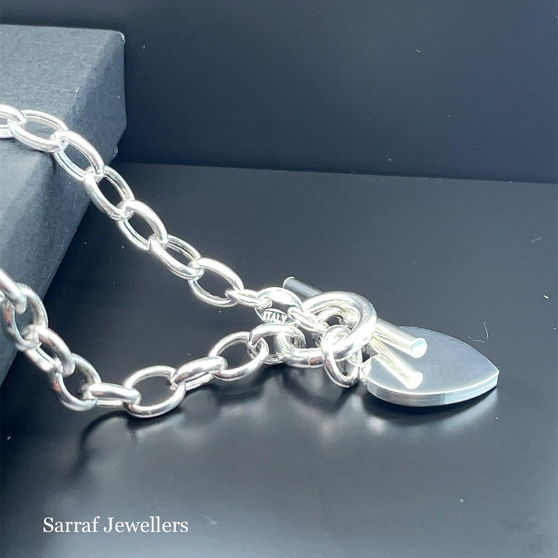 Silver T-Bar Heart Charm Rolo Link Bracelet Ladies Plain Desing Free Engraving | Shop Online Sarraf Jewellers UK - Sarraf Jewellers