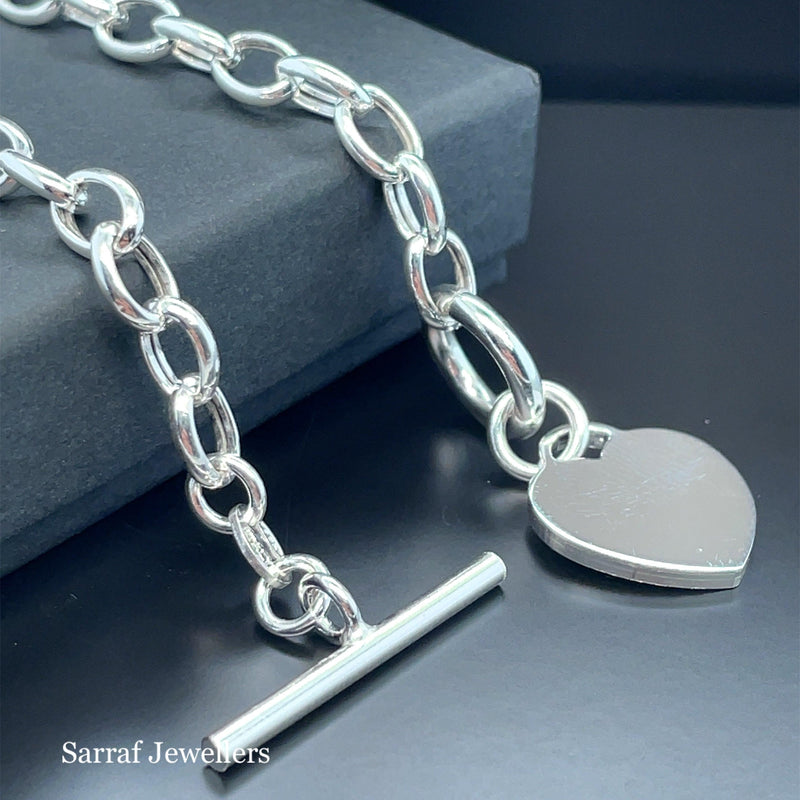 Silver T-Bar Heart Charm Rolo Link Bracelet Ladies Plain Desing Free Engraving | Shop Online Sarraf Jewellers UK - Sarraf Jewellers