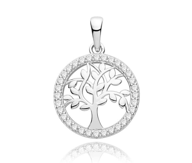 Silver TREE OF LIFE PENDANTS 925 Sterling Silver Rhodium Plated Simulated Diamond CZ Round Design UK Hallmarked | Shop Online Sarraf Jewellers UK - Sarraf Jewellers