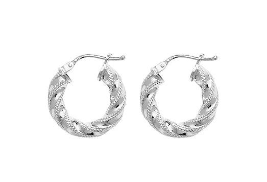 Silver TWISTED HOOP EARRINGS 925 Sterling Silver Diamond Cut Round Design UK Hallmarked | Shop Online Sarraf Jewellers UK - Sarraf Jewellers