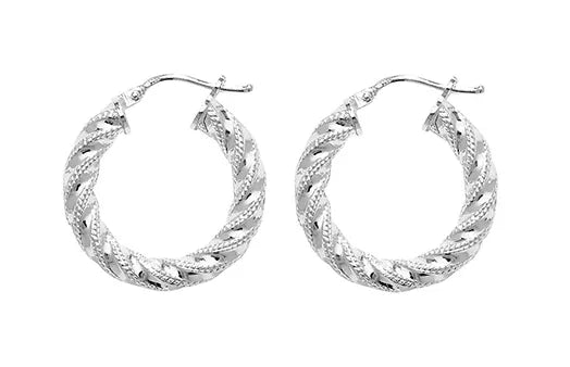 Silver TWISTED HOOP EARRINGS 925 Sterling Silver Diamond Cut Round Design UK Hallmarked | Shop Online Sarraf Jewellers UK - Sarraf Jewellers