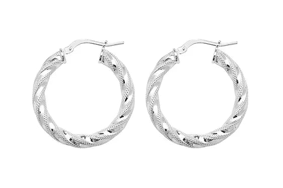 Silver TWISTED HOOP EARRINGS 925 Sterling Silver Diamond Cut Round Design UK Hallmarked | Shop Online Sarraf Jewellers UK - Sarraf Jewellers