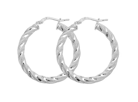 Silver TWISTED HOOP EARRINGS 925 Sterling Silver Diamond Cut Round Design UK Hallmarked | Shop Online Sarraf Jewellers UK - Sarraf Jewellers