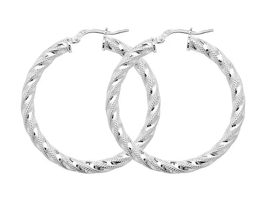 Silver TWISTED HOOP EARRINGS 925 Sterling Silver Diamond Cut Round Design UK Hallmarked | Shop Online Sarraf Jewellers UK - Sarraf Jewellers