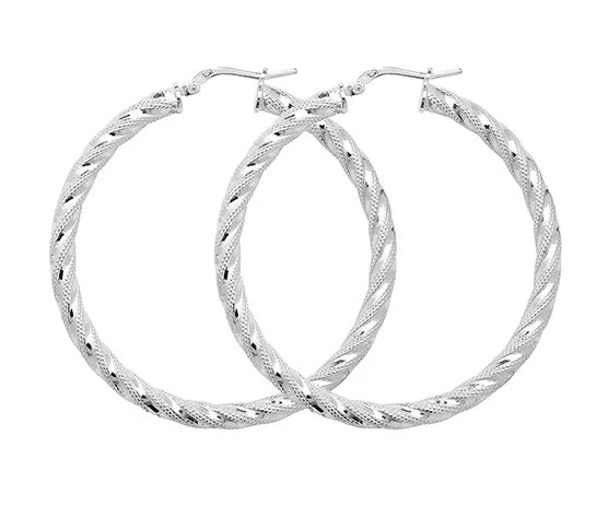 Silver TWISTED HOOP EARRINGS 925 Sterling Silver Diamond Cut Round Design UK Hallmarked | Shop Online Sarraf Jewellers UK - Sarraf Jewellers