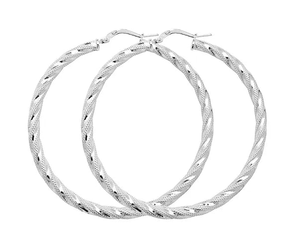 Silver TWISTED HOOP EARRINGS 925 Sterling Silver Diamond Cut Round Design UK Hallmarked | Shop Online Sarraf Jewellers UK - Sarraf Jewellers