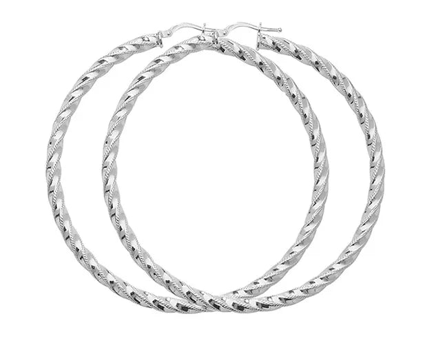 Silver TWISTED HOOP EARRINGS 925 Sterling Silver Diamond Cut Round Design UK Hallmarked | Shop Online Sarraf Jewellers UK - Sarraf Jewellers