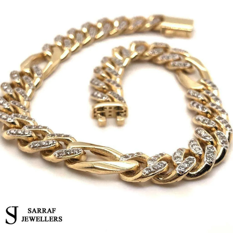 14ct Yellow Gold CUBAN FIGARO BRACELET 18.2gr 8.5" 8mm CZ MENS 585 - Sarraf Jewellers