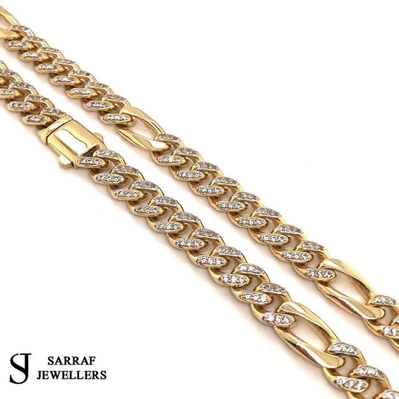 14ct Yellow Gold CUBAN FIGARO BRACELET 18.2gr 8.5" 8mm CZ MENS 585 - Sarraf Jewellers