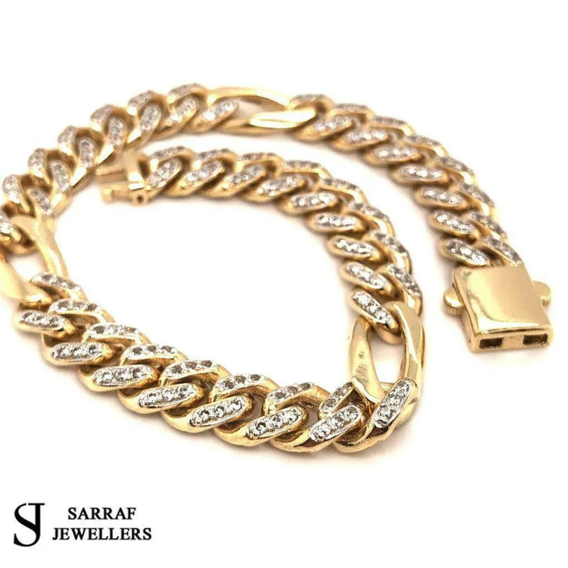 14ct Yellow Gold CUBAN FIGARO BRACELET 18.2gr 8.5" 8mm CZ MENS 585 - Sarraf Jewellers