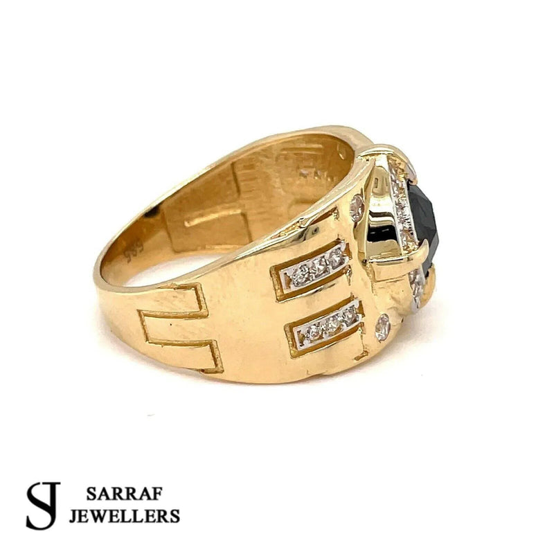 14ct YELLOW GOLD RING CZ ONIX 585 MENS PINKY PATTERN DESIGN ALL Sizes New - Sarraf Jewellers