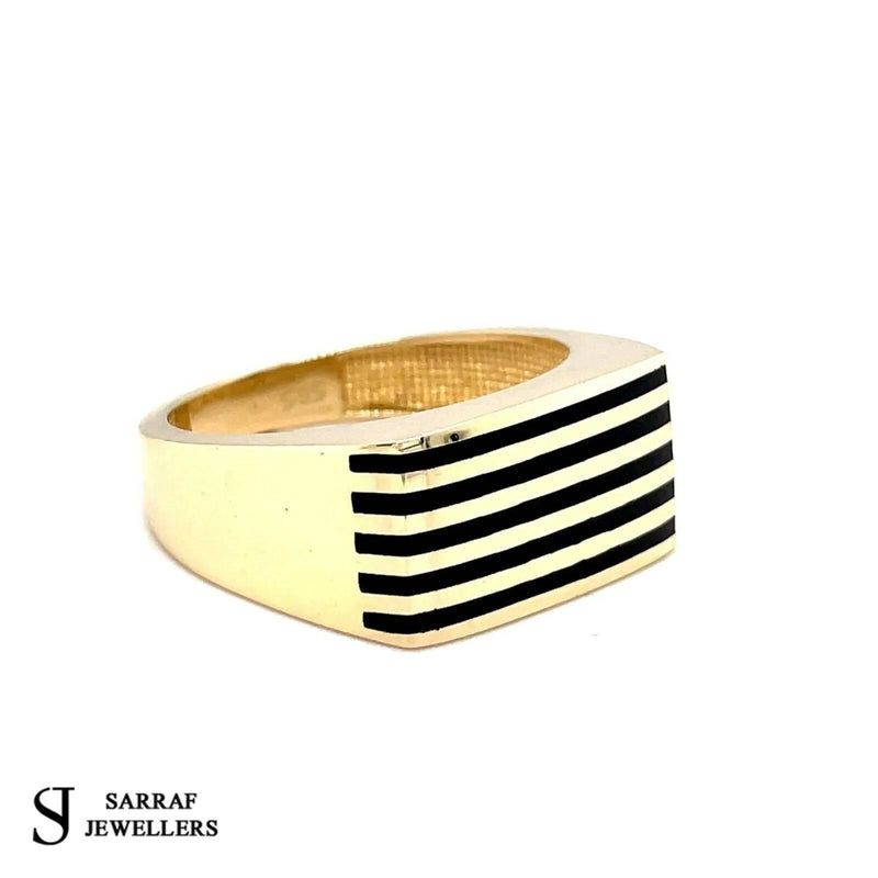 14ct YELLOW GOLD RING CZ ONIX LINE 585 MENS PINKY PATTERN DESIGN ALL Sizes New - Sarraf Jewellers