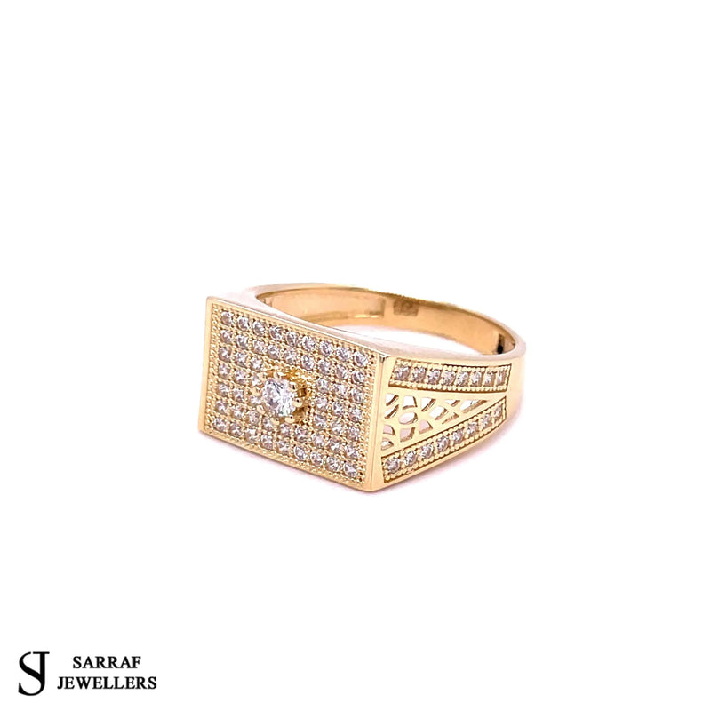 14ct Yellow Gold WHITE CZ DESIGN Men's Ring 585 Hallmarked - Sarraf Jewellers