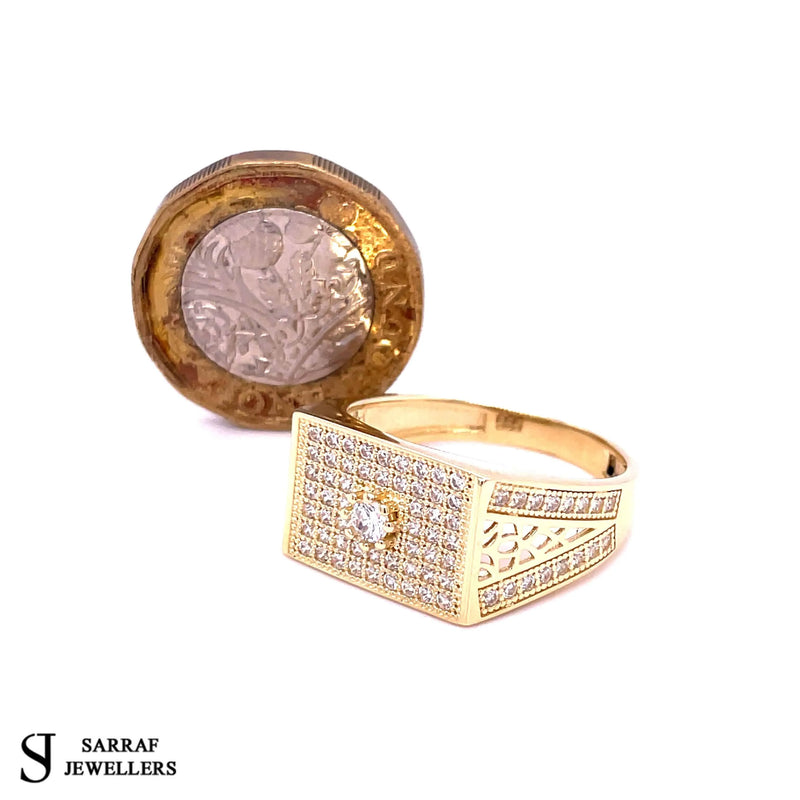 14ct Yellow Gold WHITE CZ DESIGN Men's Ring 585 Hallmarked - Sarraf Jewellers