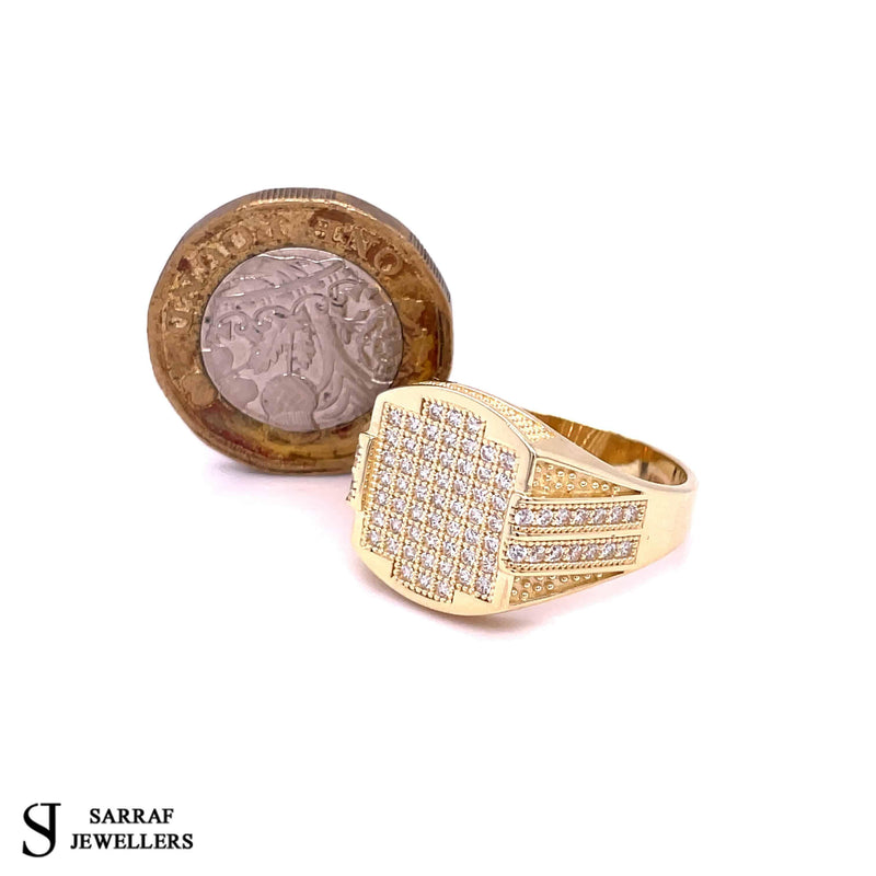 14ct Yellow Gold WHITE CZ ROUND RECTANGLE Men's Ring 585 Hallmarked BRAND NEW - Sarraf Jewellers