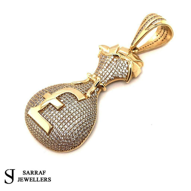 375 9ct Yellow GOLD ICE MONEY BAG MENS Icy Shine Shiny BLING RAPPER PENDANT - Sarraf Jewellers