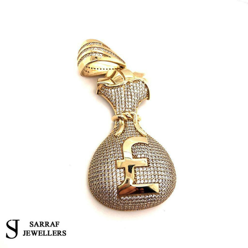 375 9ct Yellow GOLD ICE MONEY BAG MENS Icy Shine Shiny BLING RAPPER PENDANT - Sarraf Jewellers