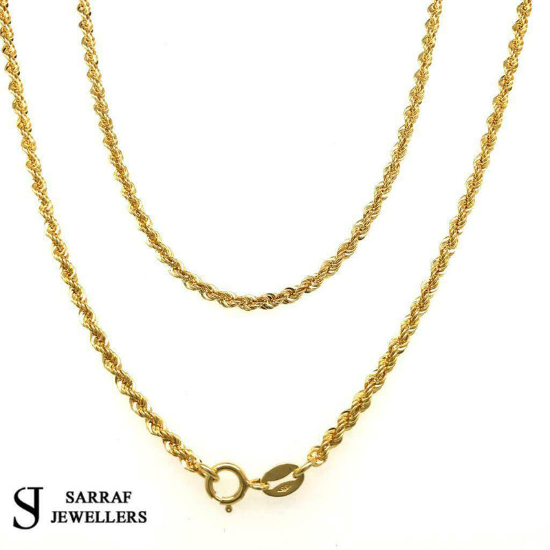 9ct Rope Chain 375 Hallmarked Yellow Gold Necklace Brand New 2MM ALL SIZE NEW - Sarraf Jewellers