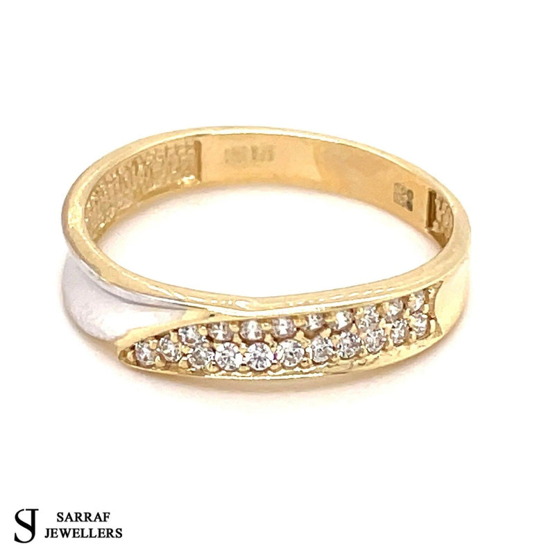 9ct Gold Ring, Simple Gold Ring, White Gold and Yellow Ladies CZ Gold Ring - Sarraf Jewellers