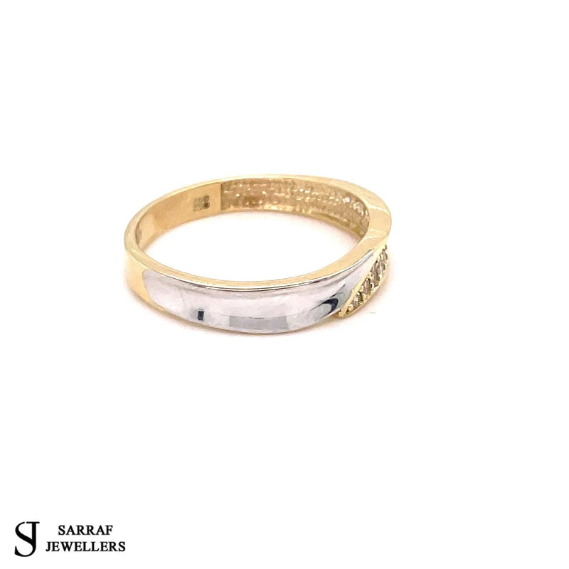 9ct Gold Ring, Simple Gold Ring, White Gold and Yellow Ladies CZ Gold Ring - Sarraf Jewellers