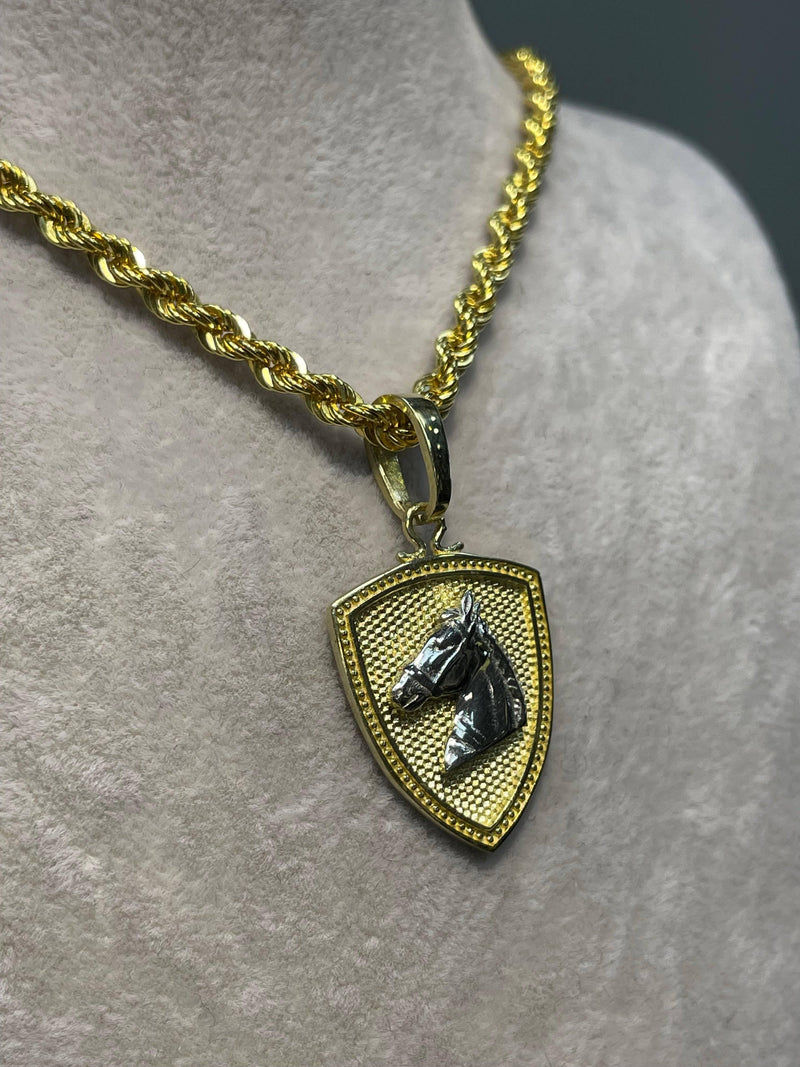 9ct Yellow & White Gold Horse Head & Shield Pattern Pendant 30.7x16mm 2.5GR - Sarraf Jewellers