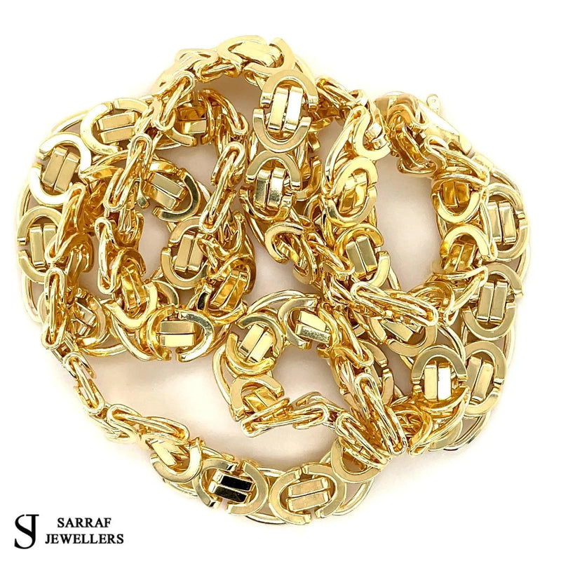 9ct Yellow Gold BYZANTINE CHAIN Necklace, King Chain 7mm Wide Flat Chain Men's Gold Chain 18" 20" 22" 24" Sizes - Sarraf Jewellers