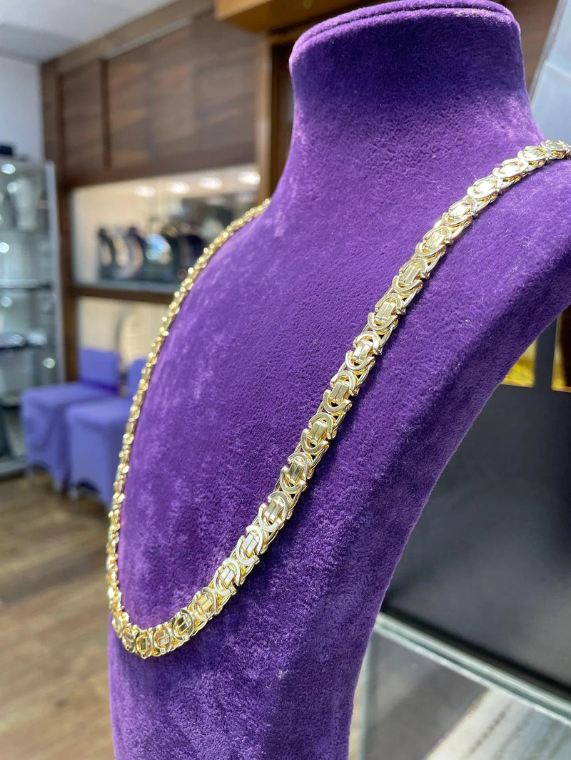 9ct Yellow Gold BYZANTINE CHAIN Necklace, King Chain 7mm Wide Flat Chain Men's Gold Chain 18" 20" 22" 24" Sizes - Sarraf Jewellers