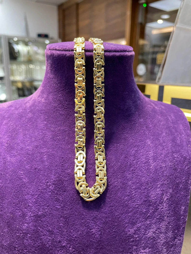 9ct Yellow Gold BYZANTINE CHAIN Necklace, King Chain 7mm Wide Flat Chain Men's Gold Chain 18" 20" 22" 24" Sizes - Sarraf Jewellers