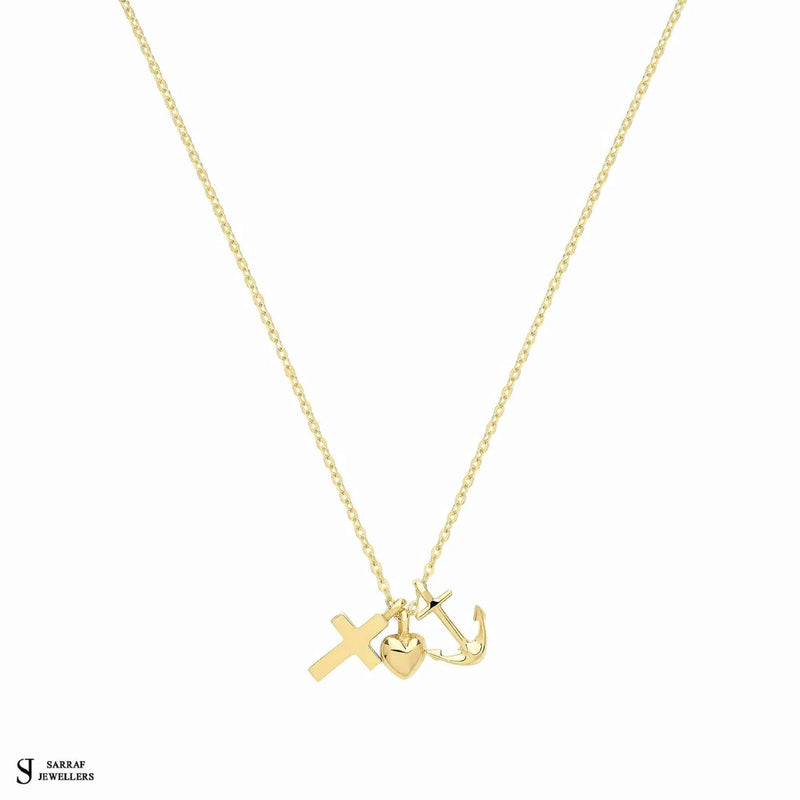 9ct Yellow Gold Cross Heart Anchor Necklet, Gold Chain Necklace for Ladies - Sarraf Jewellers