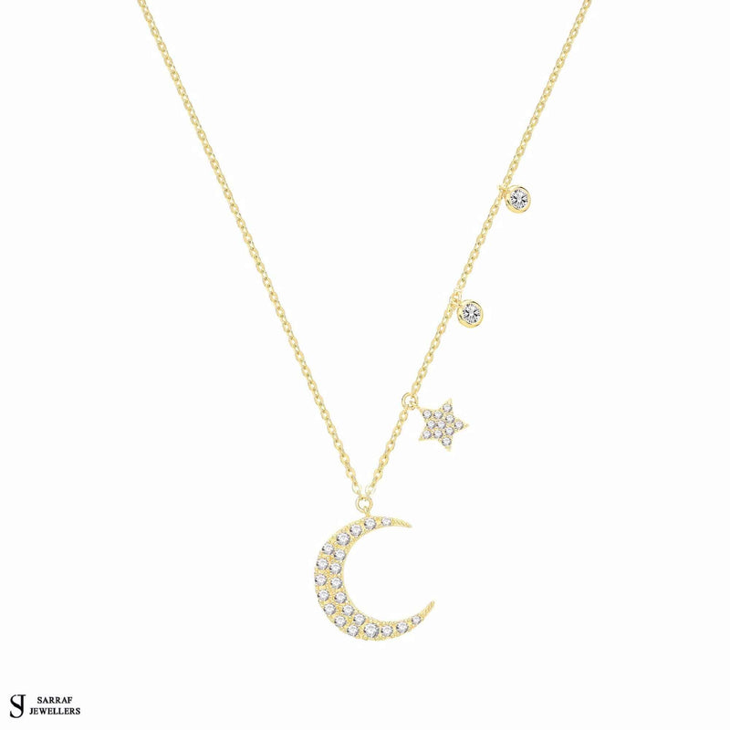 9ct Yellow Gold CZ Moon and Star Necklet, Gold Chain Necklace for Ladies - Sarraf Jewellers