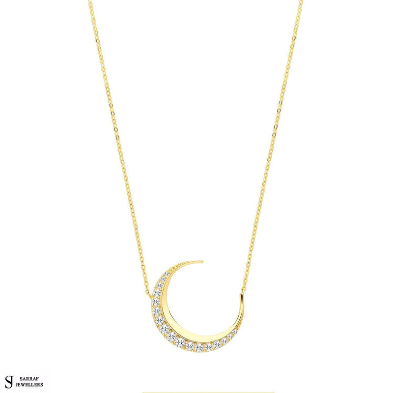 9ct Yellow Gold CZ Moon Necklet, Gold Chain Necklace for Ladies - Sarraf Jewellers