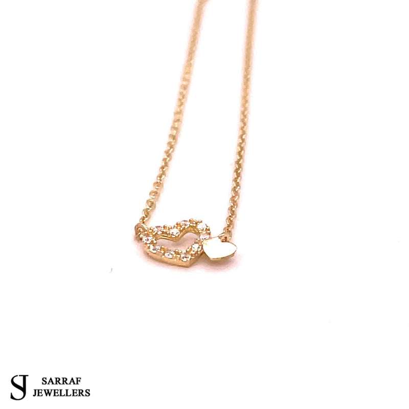 9ct Yellow Gold Double Heart Necklet, Gold Chain Necklace Heart Shaped for Ladies - Sarraf Jewellers